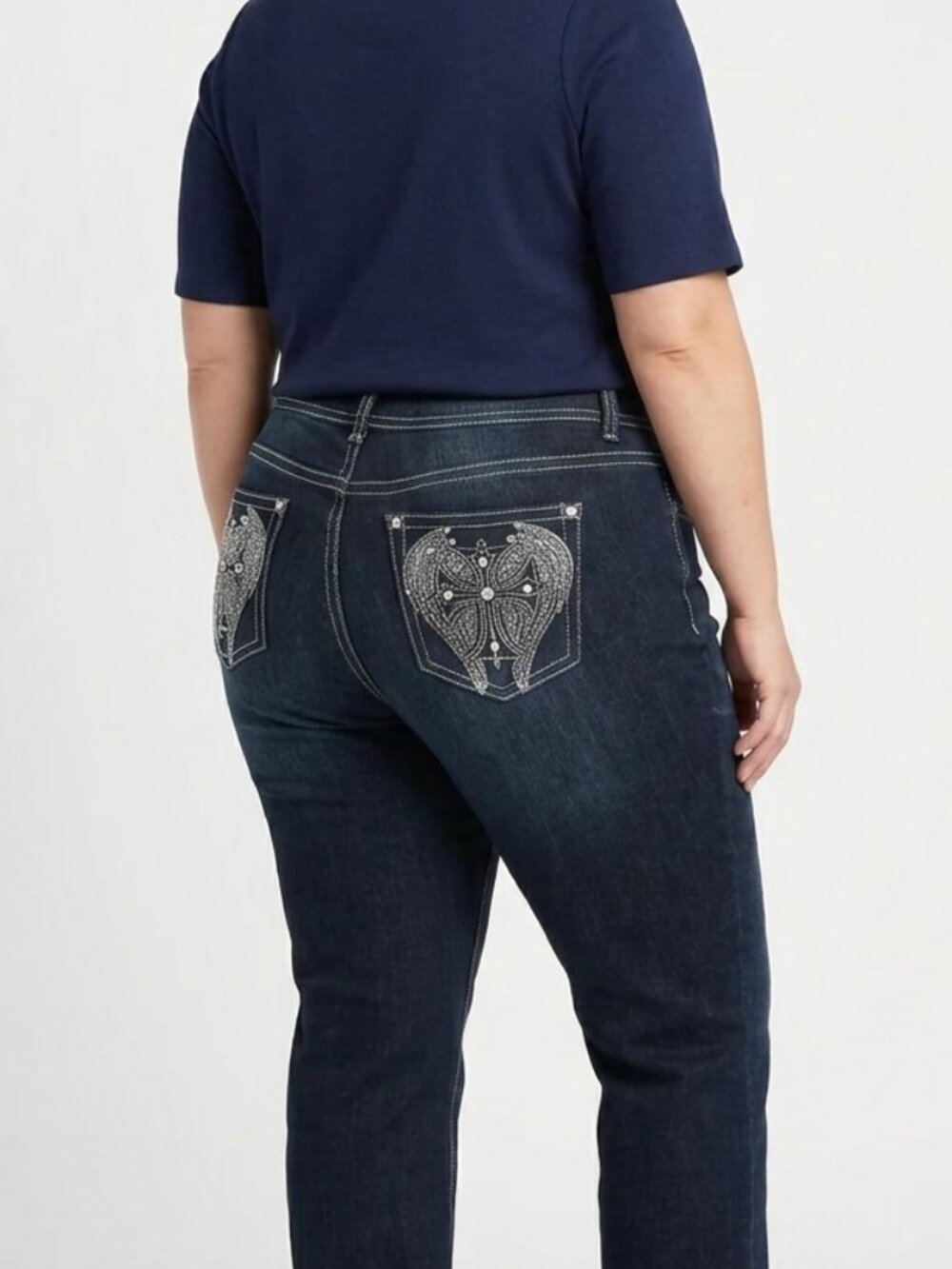 Embellished Cross Pocket Straight Leg Jeans Dark Wash Plus Size 30P/4XL